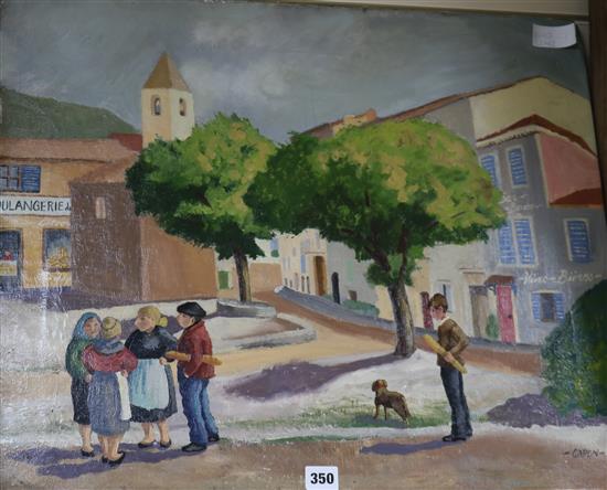 Capon, oil on canvas, figures in a French town square, 52 x 62cm, unframed